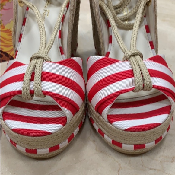 SALVATORE FERRAGAMO RED WHITE STRIPED FABRIC JUTE ESPADRILLES W/CALF LEATHER 8.5 - Picture 5 of 14